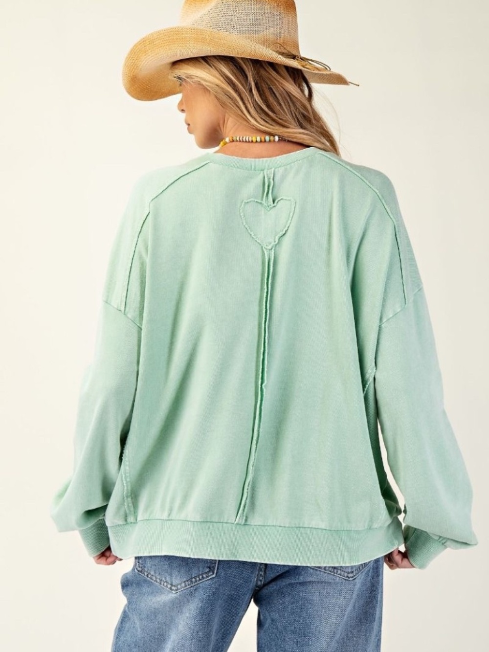 NEW EASEL WASHED TERRY KNIT PULLOVER HEART SWEATSHIRT TOP GREEN PLUS SIZE MINT - Picture 5 of 5